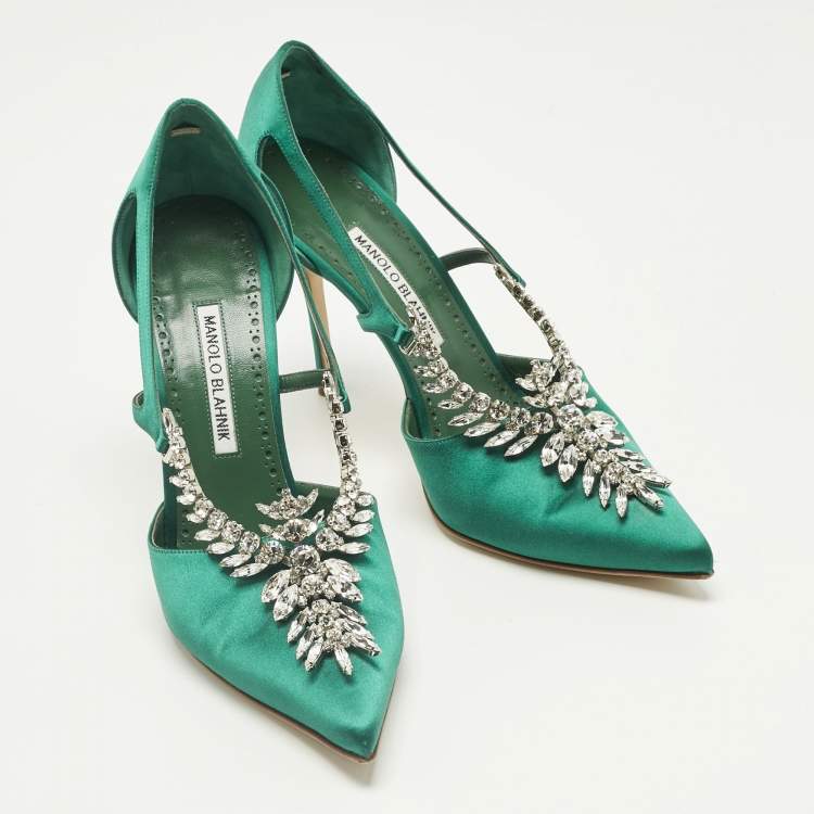 Pre Owned Manolo Blahnik Green Satin Lala Pumps Size 40