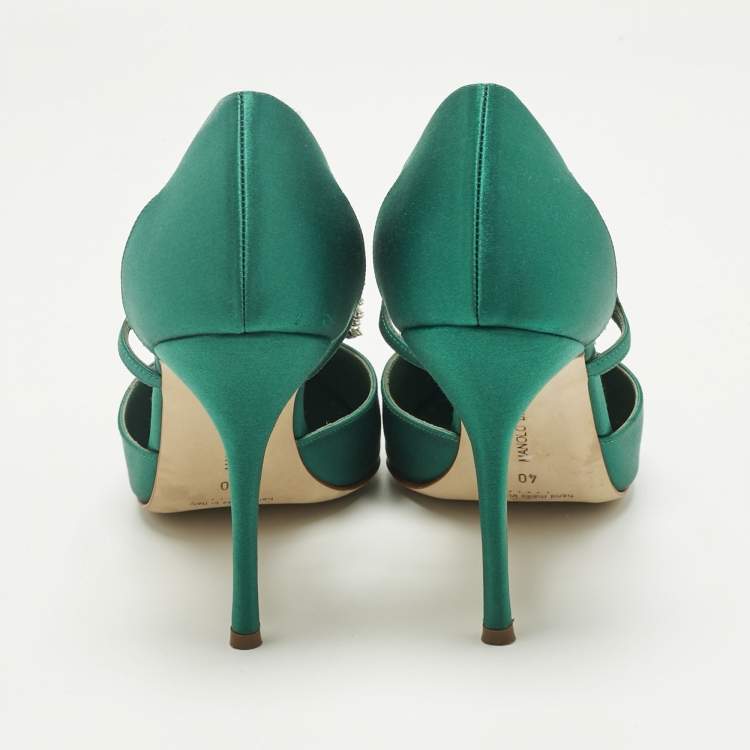 Pre Owned Manolo Blahnik Green Satin Lala Pumps Size 40
