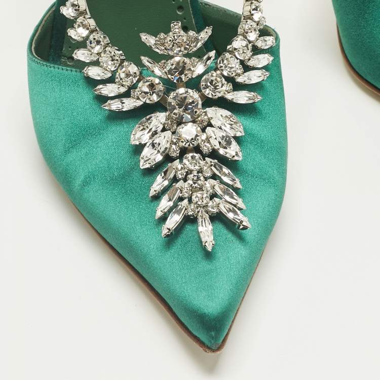 Pre Owned Manolo Blahnik Green Satin Lala Pumps Size 40