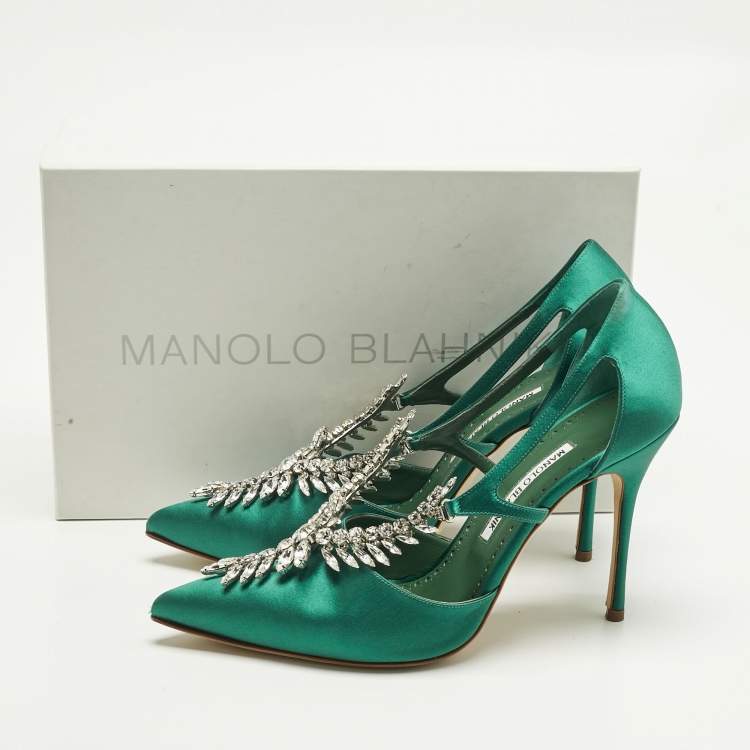 Pre Owned Manolo Blahnik Green Satin Lala Pumps Size 40