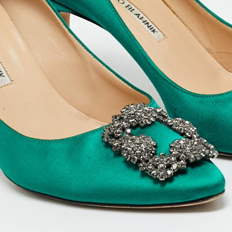 Pre Owned Manolo Blahnik Green Satin Hangisi Pumps Size 38
