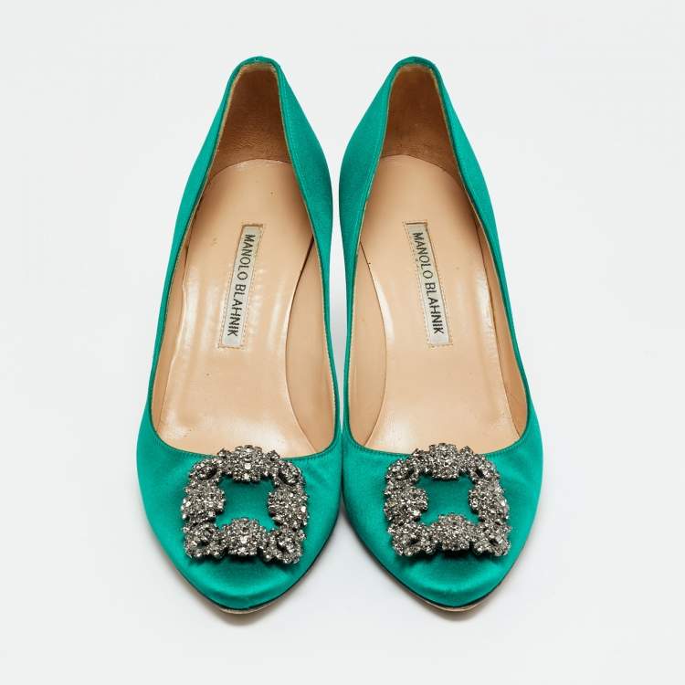 Pre Owned Manolo Blahnik Green Satin Hangisi Pumps Size 38