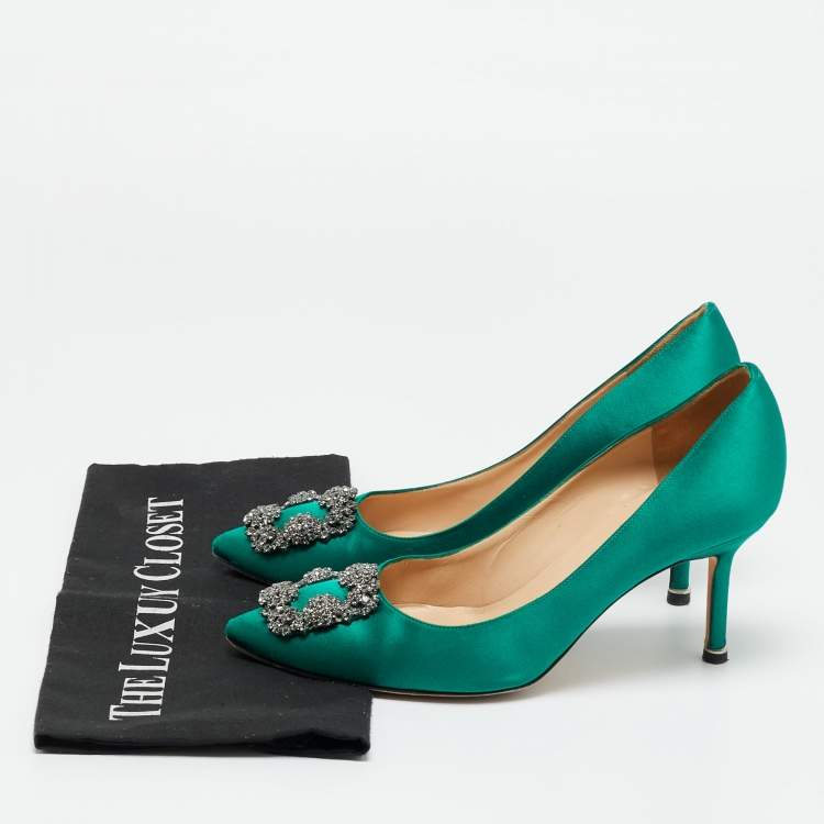 Pre Owned Manolo Blahnik Green Satin Hangisi Pumps Size 38