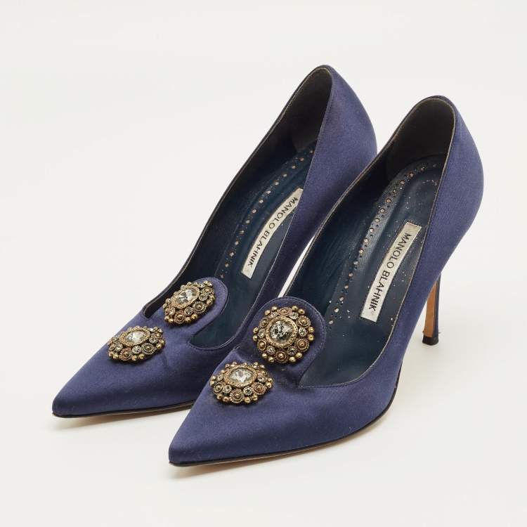 Pre Owned Manolo Blahnik Size 39 Navy Blue Satin Crystal Embellished Pumps