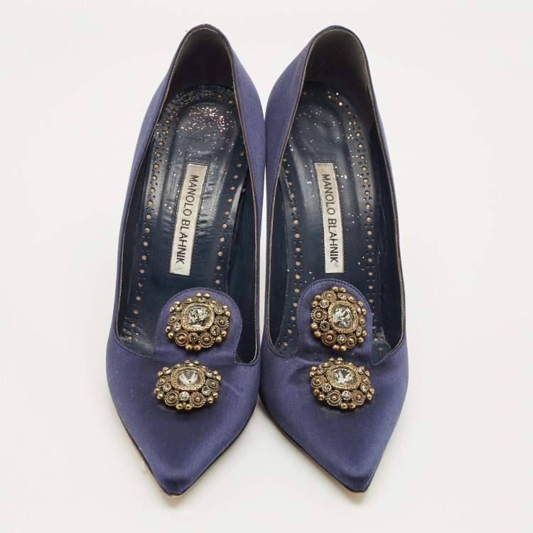 Pre Owned Manolo Blahnik Size 39 Navy Blue Satin Crystal Embellished Pumps
