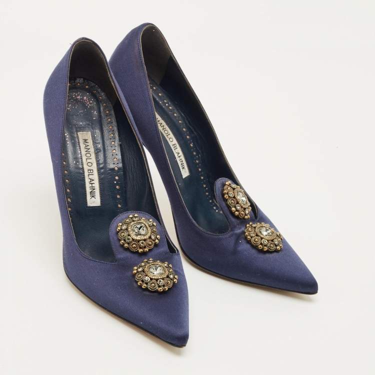 Pre Owned Manolo Blahnik Size 39 Navy Blue Satin Crystal Embellished Pumps