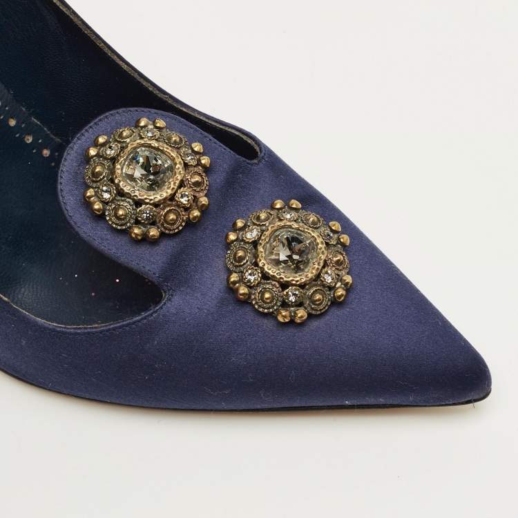 Pre Owned Manolo Blahnik Size 39 Navy Blue Satin Crystal Embellished Pumps