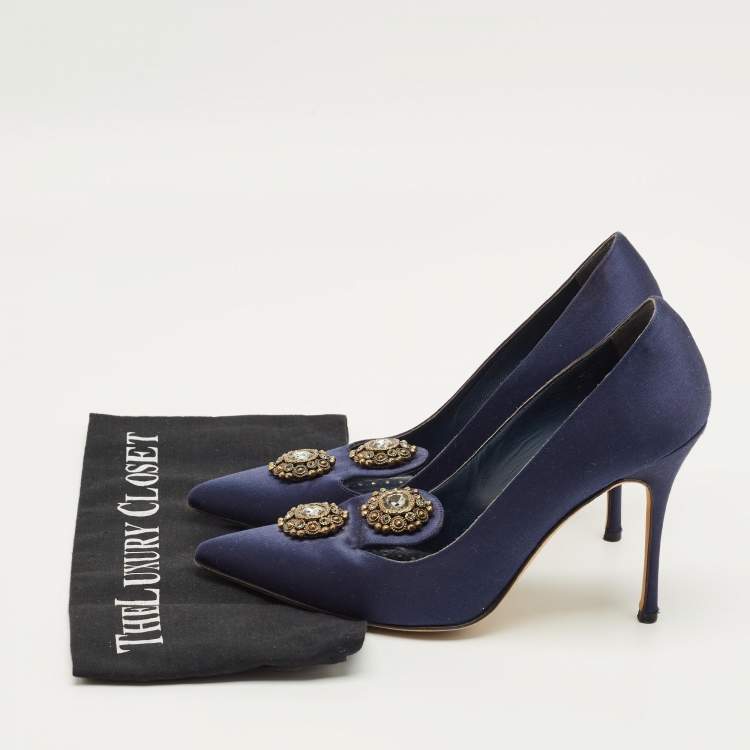 Pre Owned Manolo Blahnik Size 39 Navy Blue Satin Crystal Embellished Pumps
