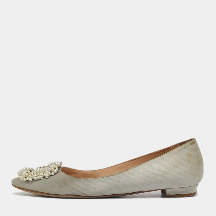 Pre Owned Manolo Blahnik Hangisi Size 35 Grey Satin Ballet Flats