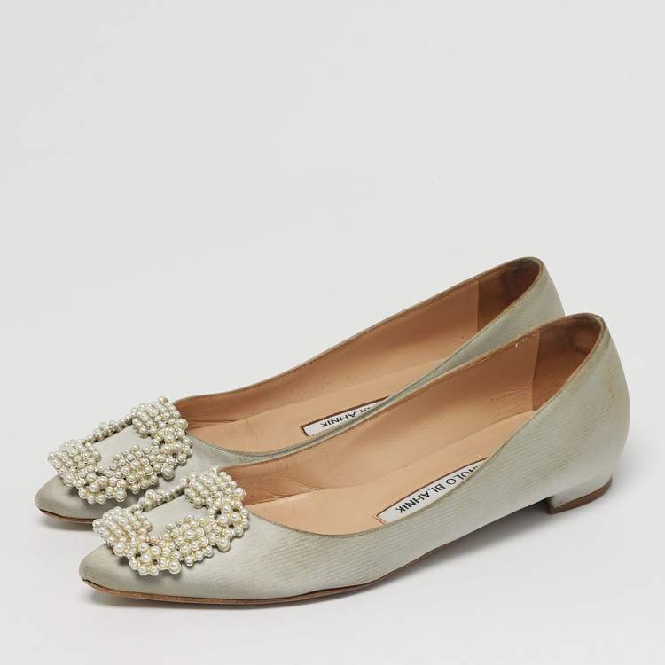 Pre Owned Manolo Blahnik Hangisi Size 35 Grey Satin Ballet Flats