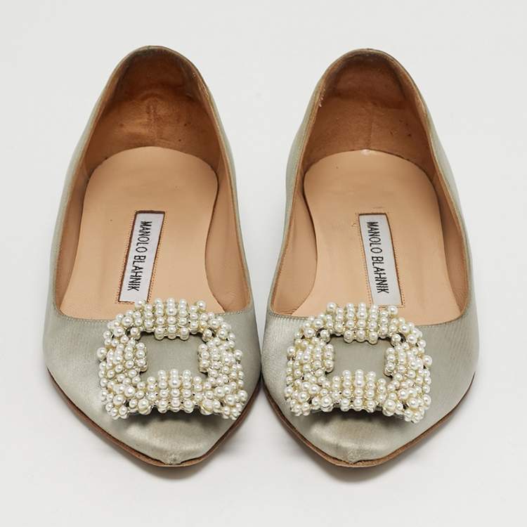 Pre Owned Manolo Blahnik Hangisi Size 35 Grey Satin Ballet Flats