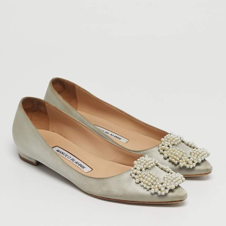 Pre Owned Manolo Blahnik Hangisi Size 35 Grey Satin Ballet Flats