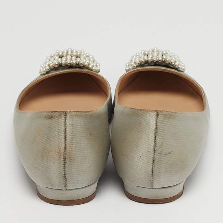 Pre Owned Manolo Blahnik Hangisi Size 35 Grey Satin Ballet Flats