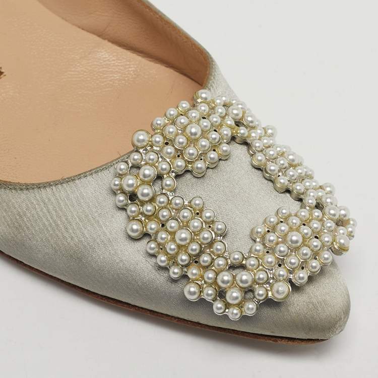 Pre Owned Manolo Blahnik Hangisi Size 35 Grey Satin Ballet Flats