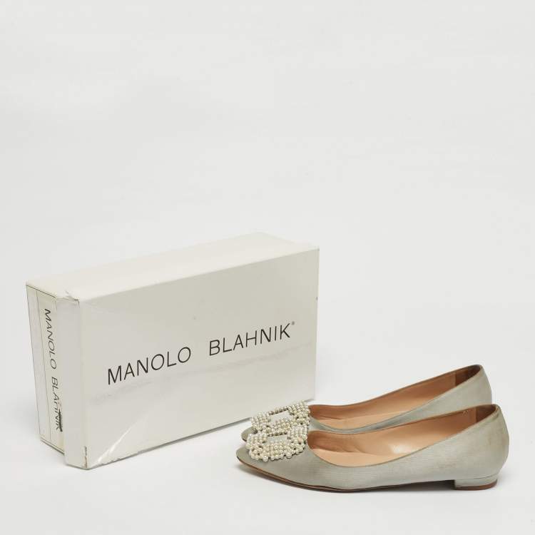 Pre Owned Manolo Blahnik Hangisi Size 35 Grey Satin Ballet Flats