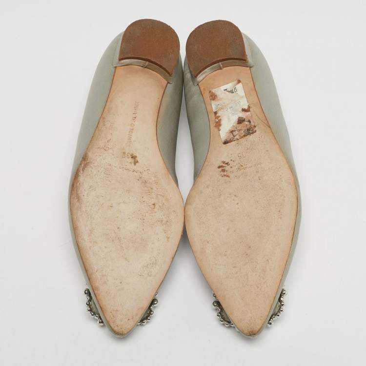 Pre Owned Manolo Blahnik Hangisi Size 35 Grey Satin Ballet Flats