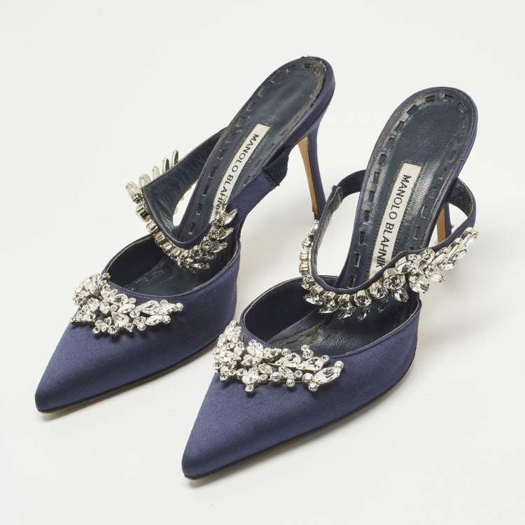 Pre Owned Manolo Blahnik Lurum Size 37.5 Navy Blue Satin Heel Mules