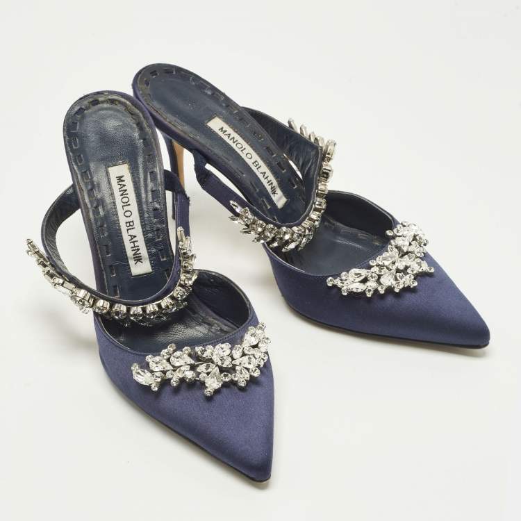 Pre Owned Manolo Blahnik Lurum Size 37.5 Navy Blue Satin Heel Mules