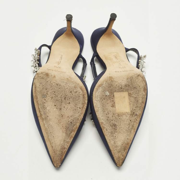 Pre Owned Manolo Blahnik Lurum Size 37.5 Navy Blue Satin Heel Mules