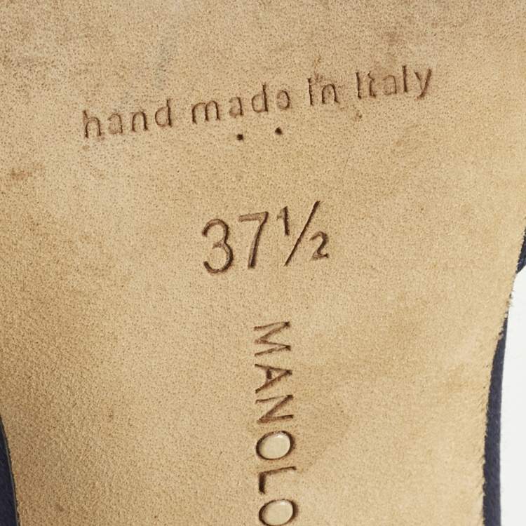 Pre Owned Manolo Blahnik Lurum Size 37.5 Navy Blue Satin Heel Mules