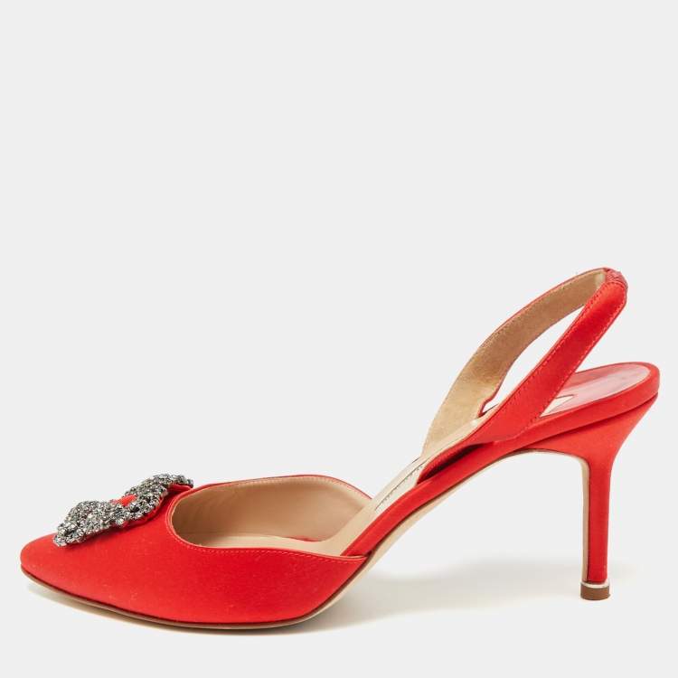 Pre Owned Manolo Blahnik Hangisi Size 42 Red Satin Slingback Pumps