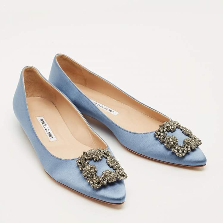 Pre Owned Manolo Blahnik Hangisi Size 39.5 Blue Satin Ballet Flats