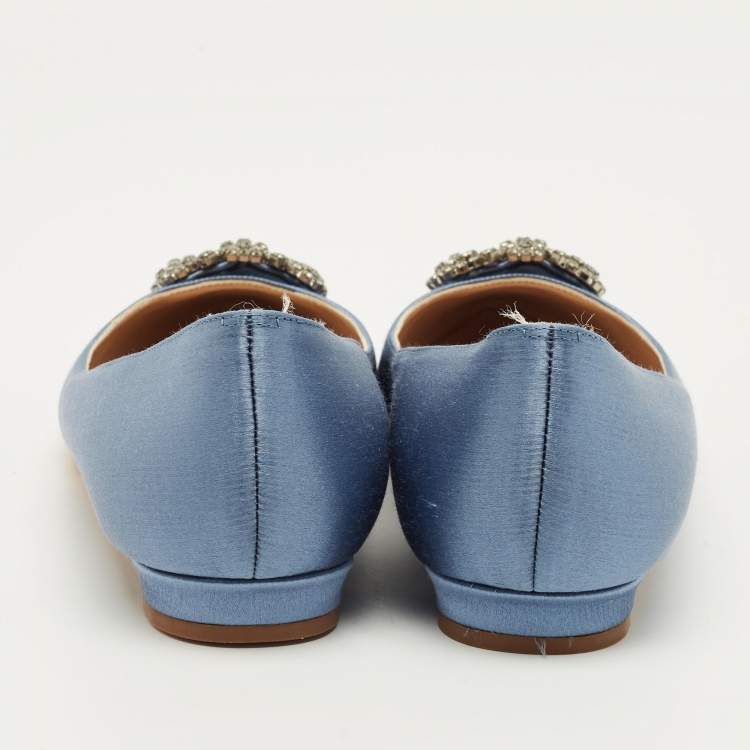 Pre Owned Manolo Blahnik Hangisi Size 39.5 Blue Satin Ballet Flats