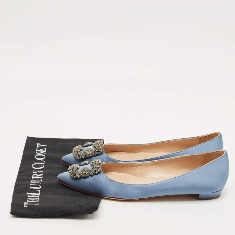 Pre Owned Manolo Blahnik Hangisi Size 39.5 Blue Satin Ballet Flats