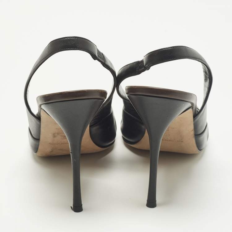 Pre Owned Manolo Blahnik Size 40 Brown/Black Leather Peep Toe Slingback Pumps