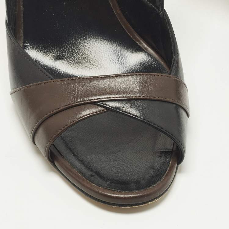 Pre Owned Manolo Blahnik Size 40 Brown/Black Leather Peep Toe Slingback Pumps