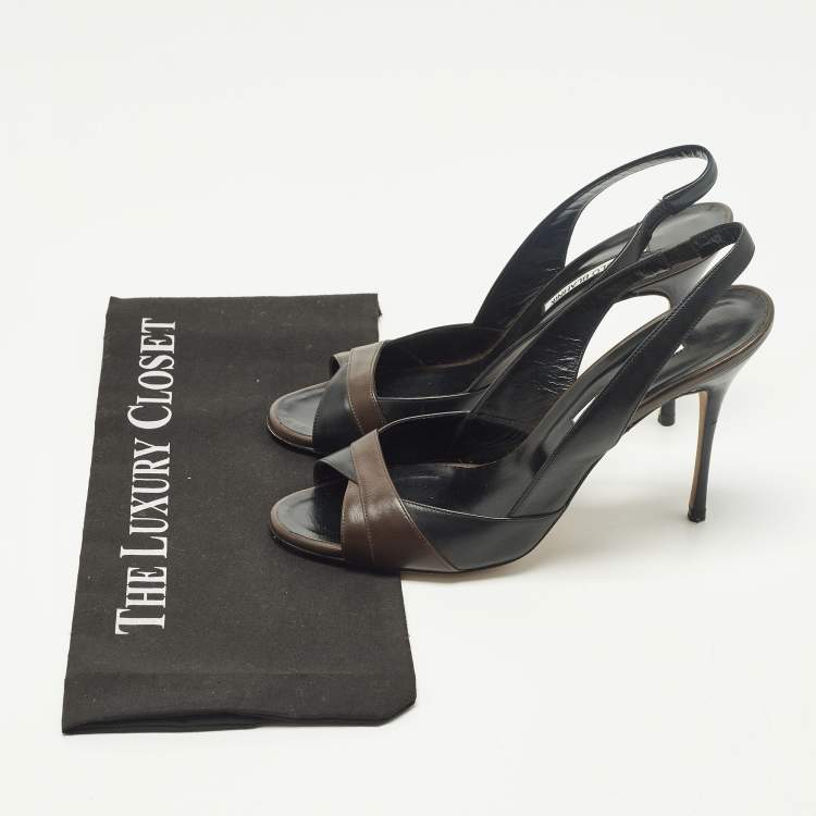 Pre Owned Manolo Blahnik Size 40 Brown/Black Leather Peep Toe Slingback Pumps