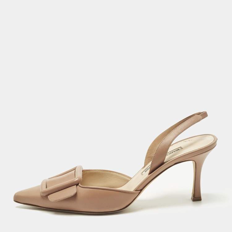 Pre Owned Manolo Blahnik Maysli Size 38 Beige Leather Slingback Pumps