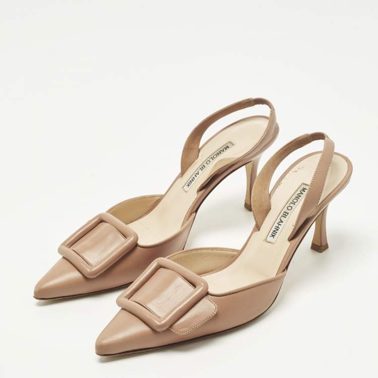 Pre Owned Manolo Blahnik Maysli Size 38 Beige Leather Slingback Pumps