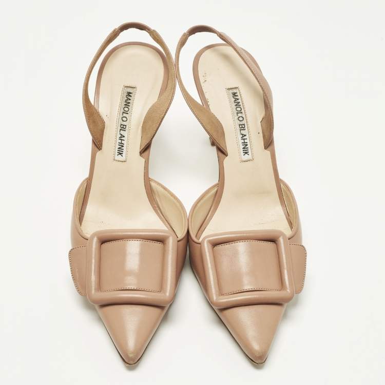 Pre Owned Manolo Blahnik Maysli Size 38 Beige Leather Slingback Pumps