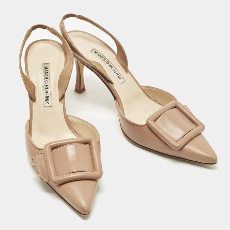 Pre Owned Manolo Blahnik Maysli Size 38 Beige Leather Slingback Pumps