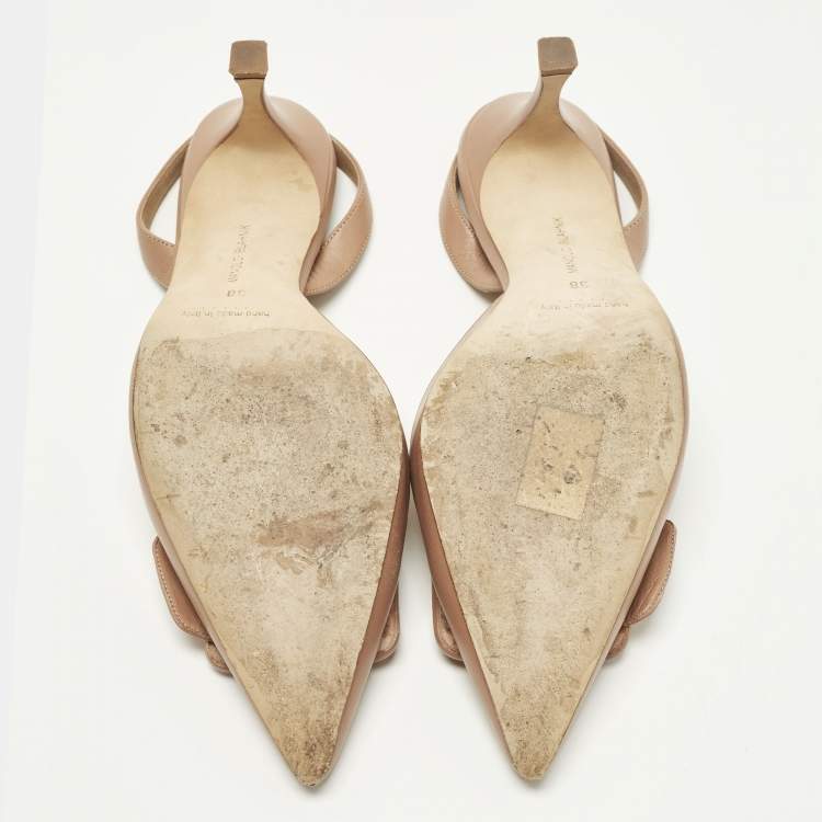 Pre Owned Manolo Blahnik Maysli Size 38 Beige Leather Slingback Pumps