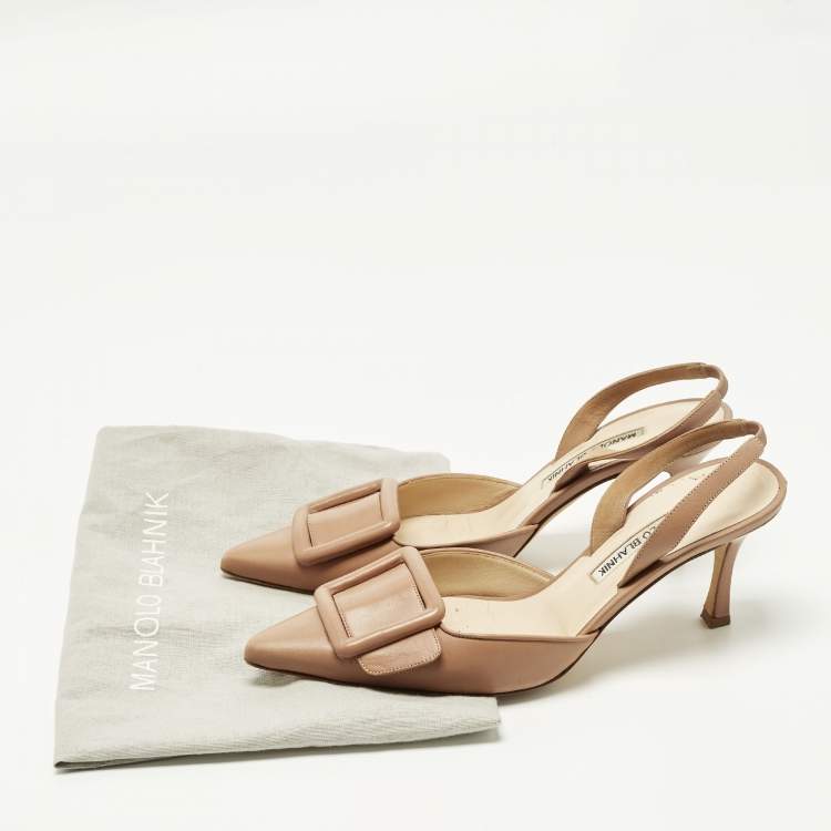 Pre Owned Manolo Blahnik Maysli Size 38 Beige Leather Slingback Pumps