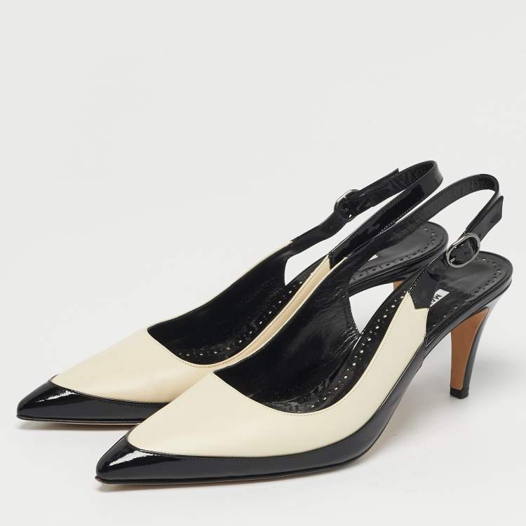 Pre Owned Manolo Blahnik Size 42 Black/Cream Leather and Patent Leather Slingback Pumps