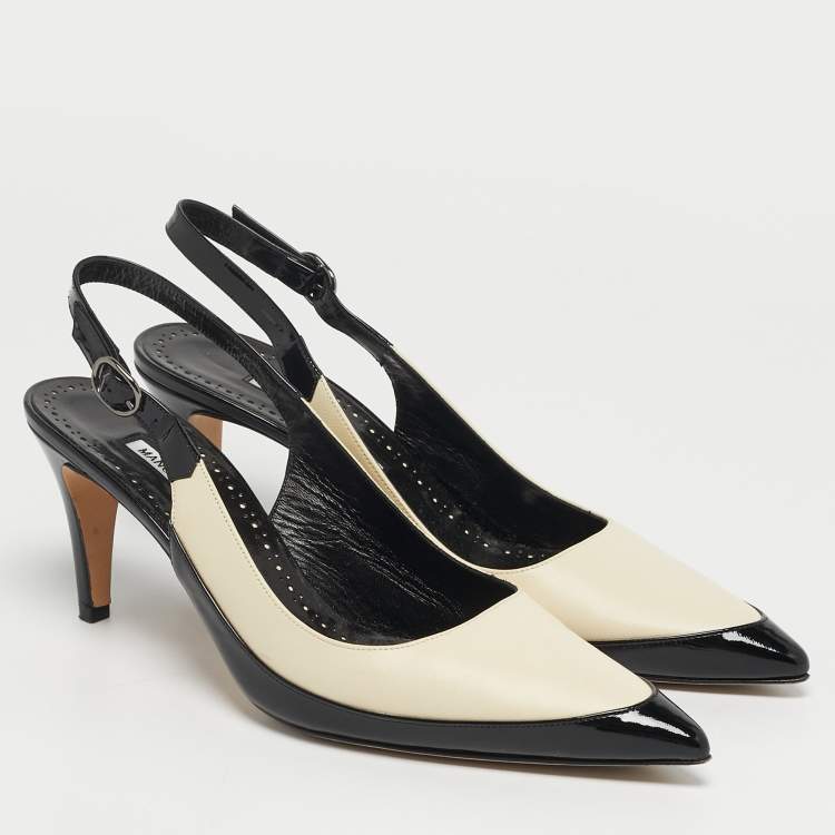 Pre Owned Manolo Blahnik Size 42 Black/Cream Leather and Patent Leather Slingback Pumps