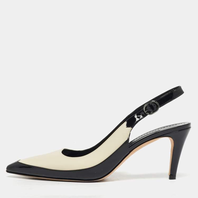 Pre Owned Manolo Blahnik Size 42 Black/Cream Leather and Patent Leather Slingback Pumps