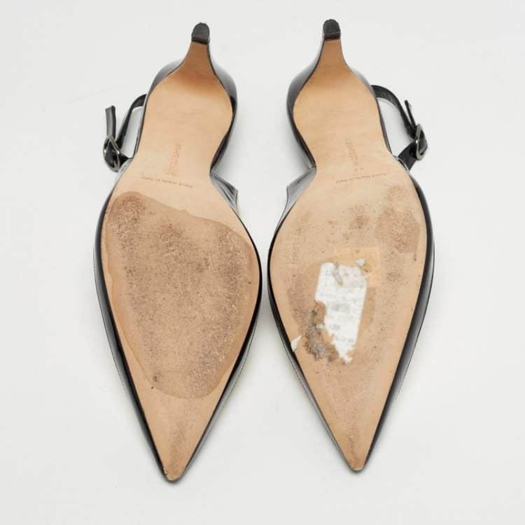 Pre Owned Manolo Blahnik Size 42 Black/Cream Leather and Patent Leather Slingback Pumps