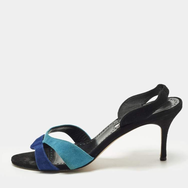Pre Owned Manolo Blahnik Suspiro 70 Size 39 Blue Suede Slingback Sandals
