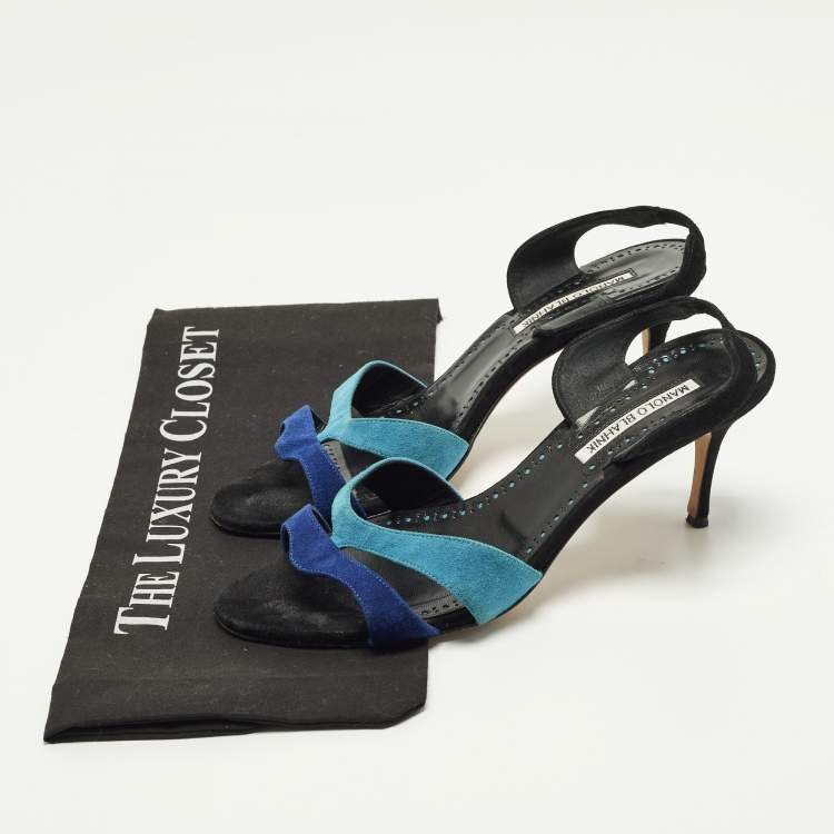 Pre Owned Manolo Blahnik Suspiro 70 Size 39 Blue Suede Slingback Sandals