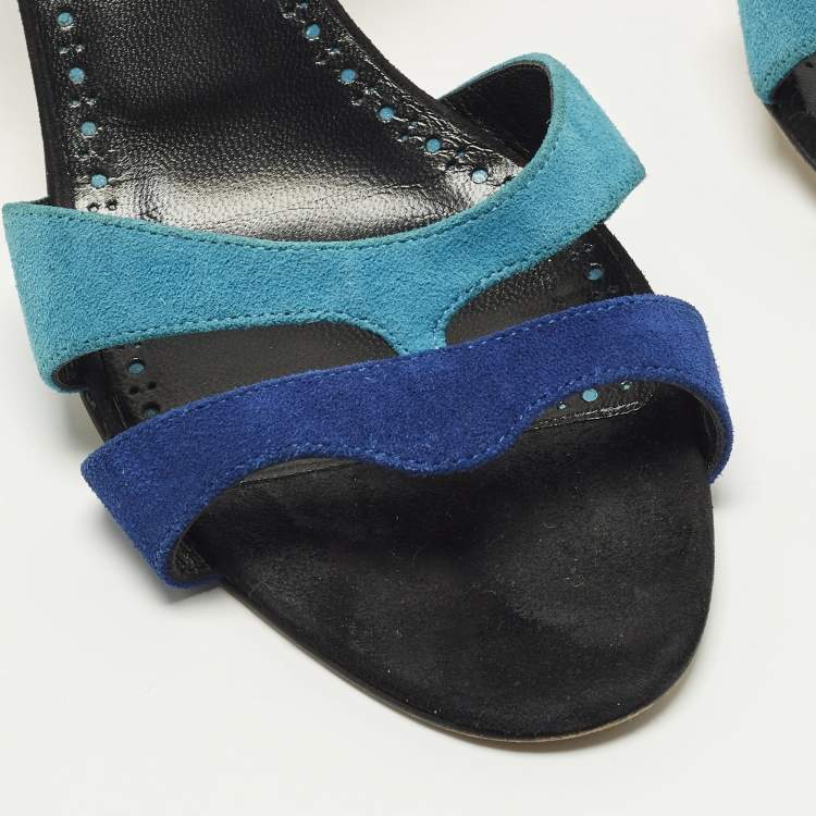 Pre Owned Manolo Blahnik Suspiro 70 Size 39 Blue Suede Slingback Sandals