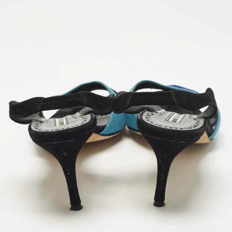 Pre Owned Manolo Blahnik Suspiro 70 Size 39 Blue Suede Slingback Sandals