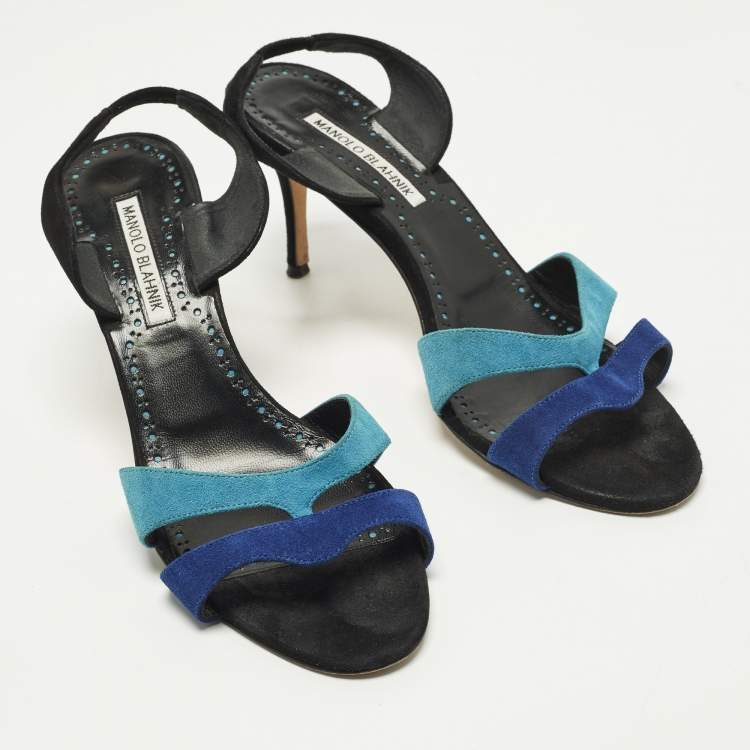 Pre Owned Manolo Blahnik Suspiro 70 Size 39 Blue Suede Slingback Sandals