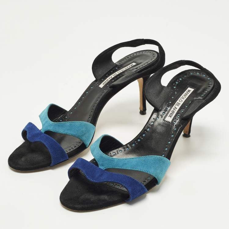 Pre Owned Manolo Blahnik Suspiro 70 Size 39 Blue Suede Slingback Sandals