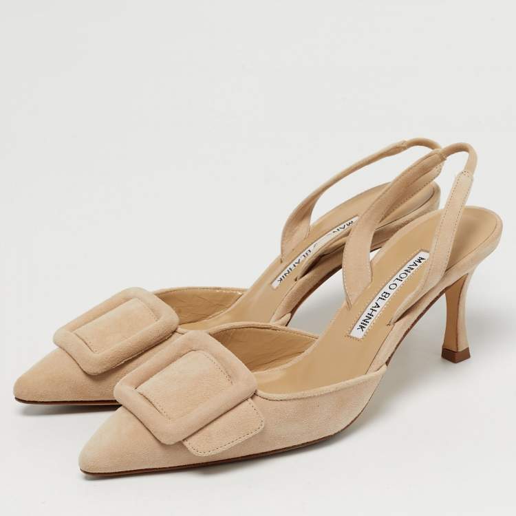 Pre Owned Manolo Blahnik Maysli Size 35 Beige Suede Slingback Pumps