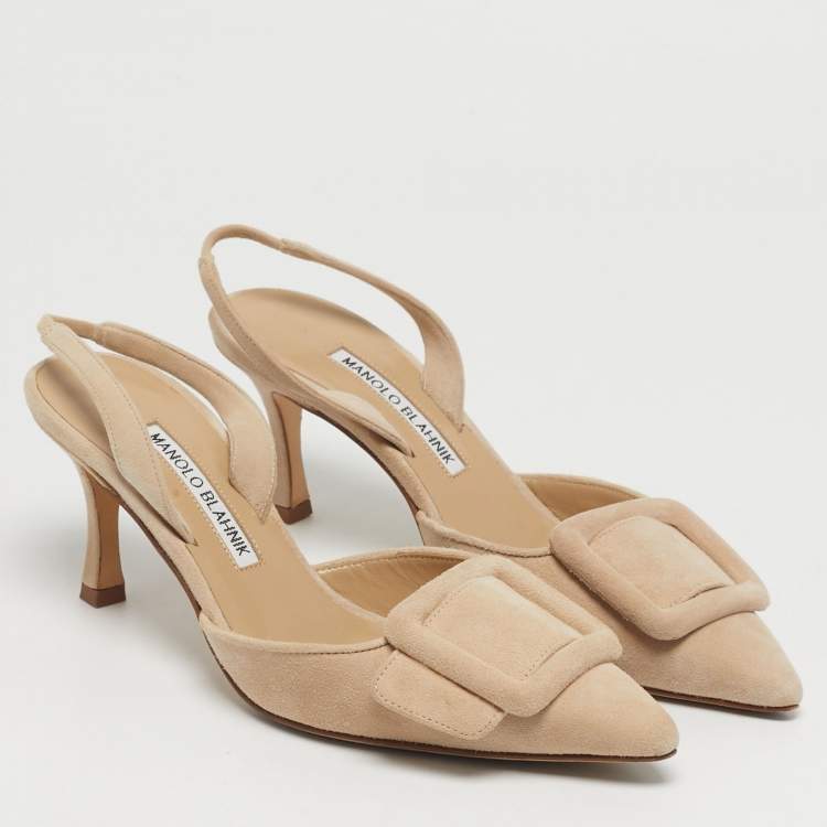 Pre Owned Manolo Blahnik Maysli Size 35 Beige Suede Slingback Pumps