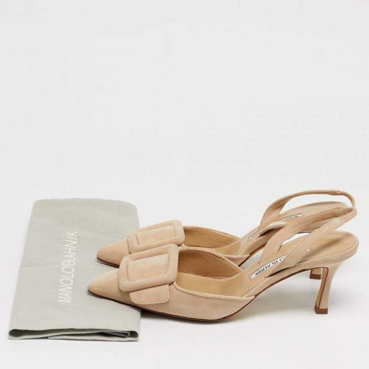 Pre Owned Manolo Blahnik Maysli Size 35 Beige Suede Slingback Pumps